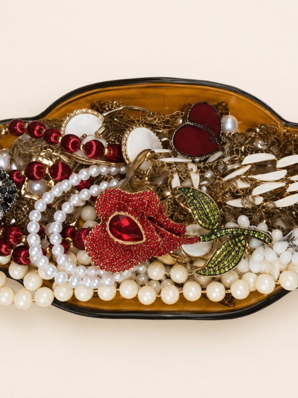 Vintage Jewelry Lot in Amber Glass Dish  Brooches, Pearls, Cameo & Necklaces